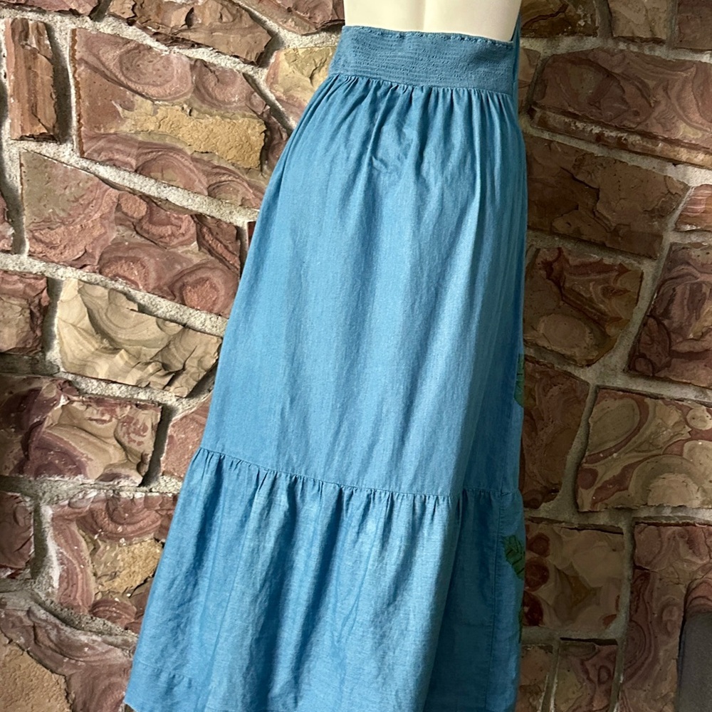 Anthropologie Pilcro Chambray Halter Embroidered Denim Midi Dress.  S EUC - Picture 11 of 13